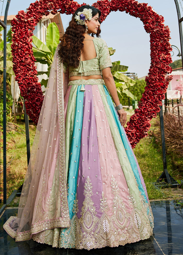 3 Pc Multicolor Silk Semi Stitched Lehenga Set