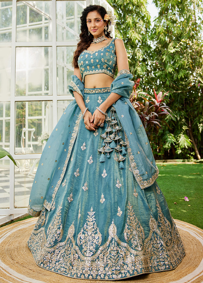 3 Pc Blue Silk Semi Stitched Lehenga Set