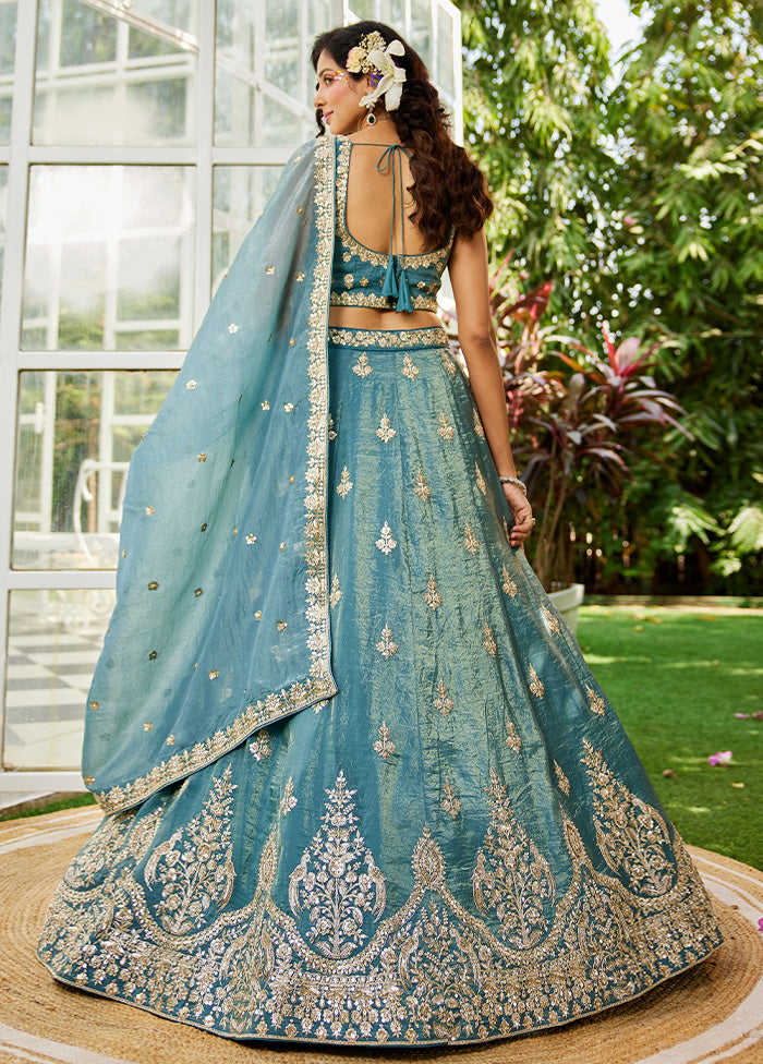 3 Pc Blue Silk Semi Stitched Lehenga Set