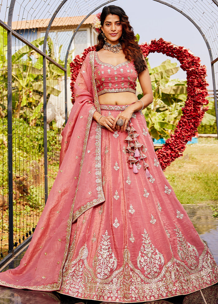 3 Pc Pink Silk Semi Stitched Lehenga Set