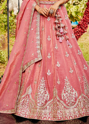 3 Pc Pink Silk Semi Stitched Lehenga Set