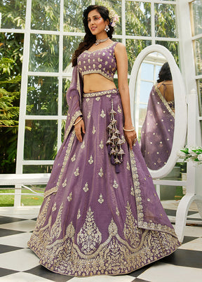 3 Pc Purple Silk Semi Stitched Lehenga Set