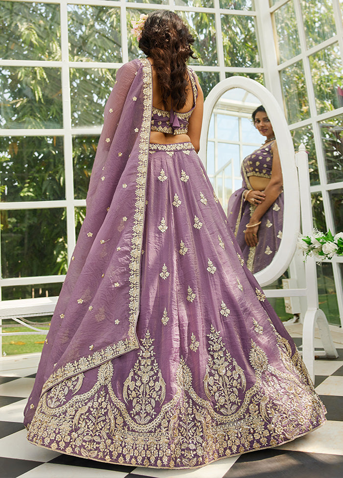 3 Pc Purple Silk Semi Stitched Lehenga Set