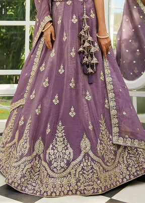 3 Pc Purple Silk Semi Stitched Lehenga Set