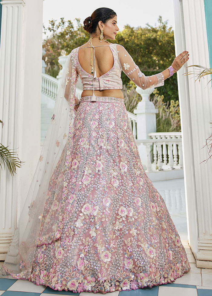 3 Pc Grey Silk Semi Stitched Lehenga Set