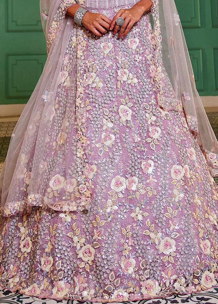 3 Pc Mauve Silk Semi Stitched Lehenga Set