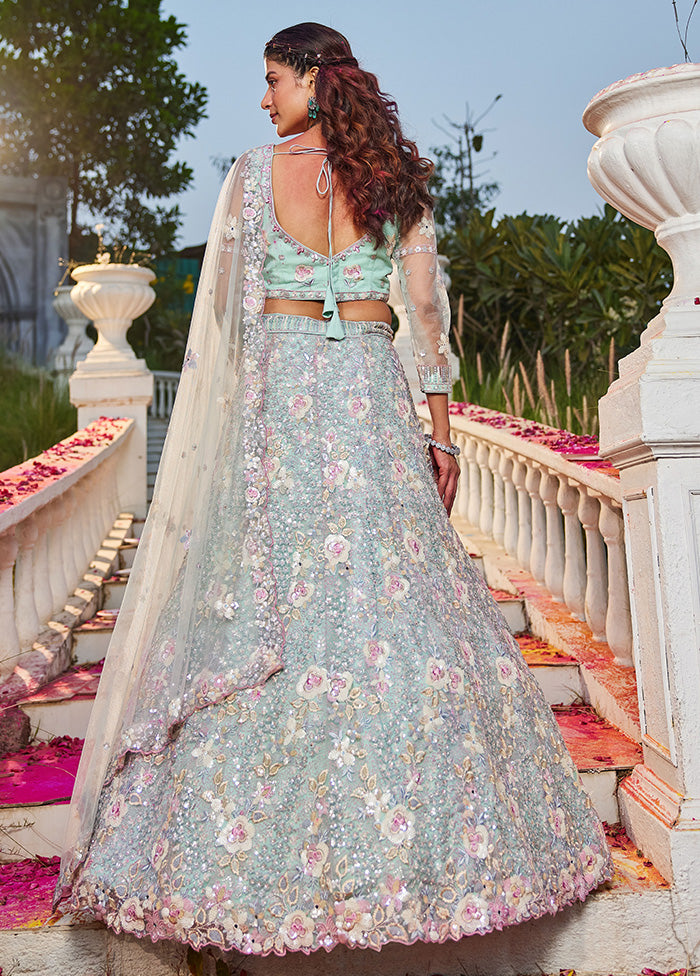 3 Pc Sea Green Net Semi Stitched Lehenga Set