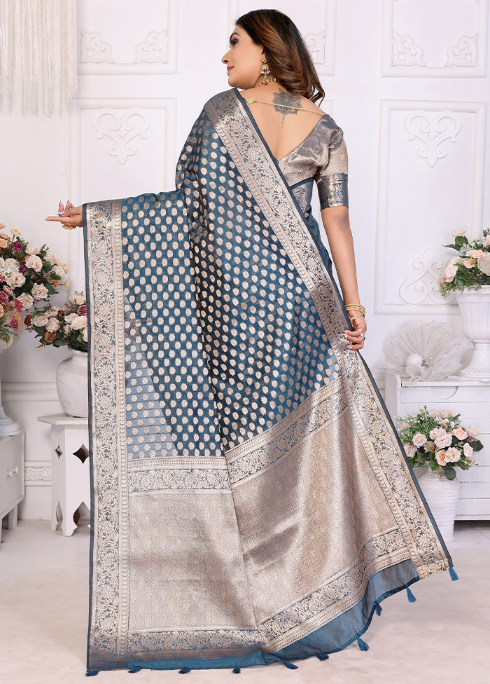 Blue Organza Saree With Blouse Piece