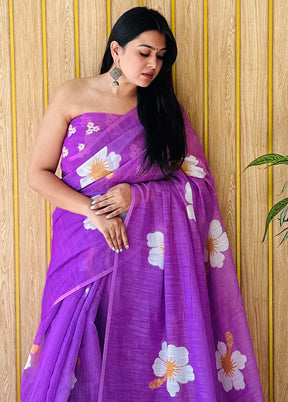 Lavender Linen Silk Saree With Blouse Piece