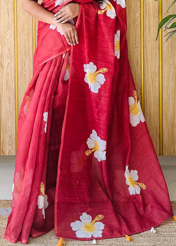 Maroon Linen Silk Saree With Blouse Piece