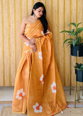 Orange Linen Silk Saree With Blouse Piece