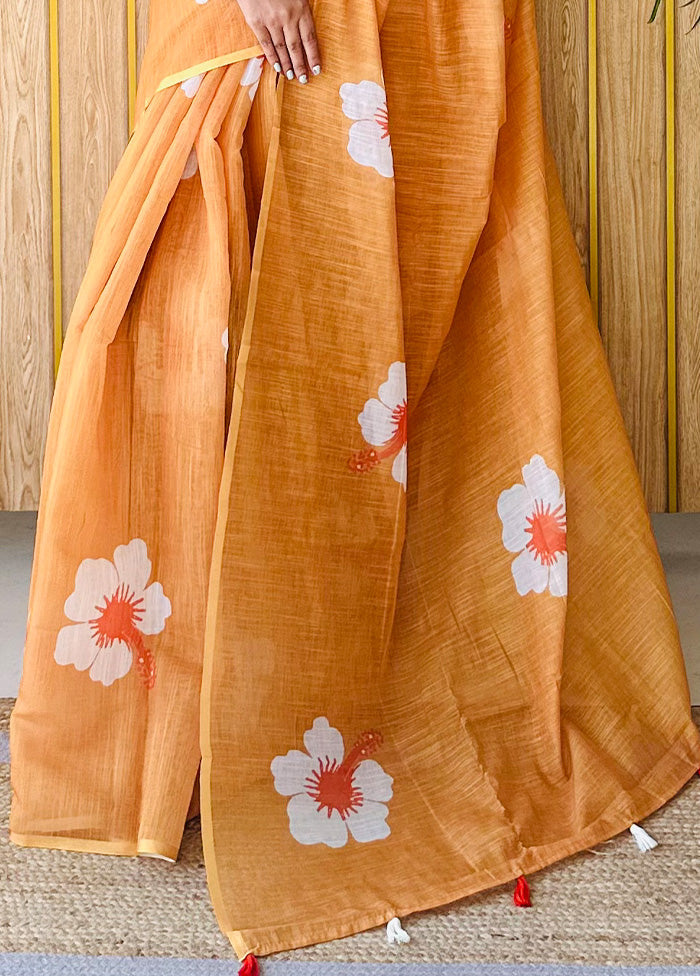 Orange Linen Silk Saree With Blouse Piece