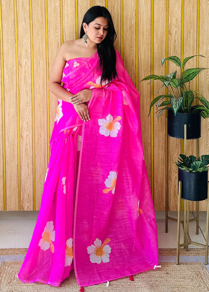 Pink Linen Silk Saree With Blouse Piece