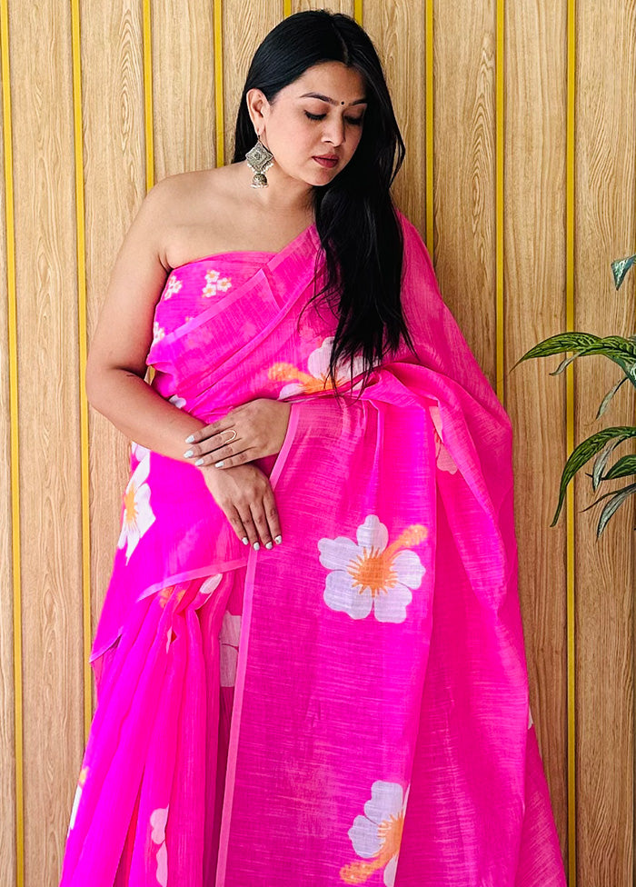 Pink Linen Silk Saree With Blouse Piece