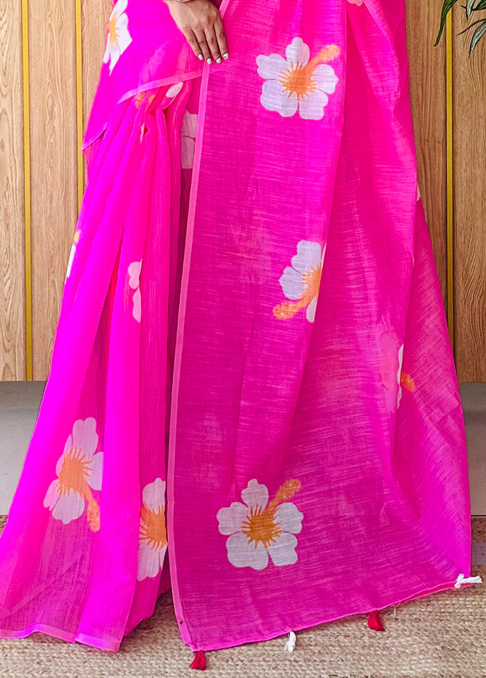 Pink Linen Silk Saree With Blouse Piece