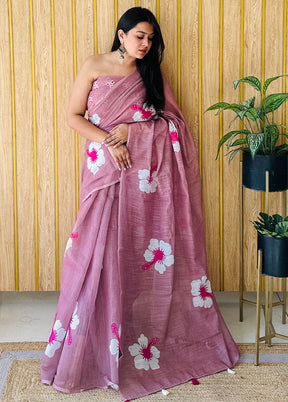 Purple Linen Silk Saree With Blouse Piece