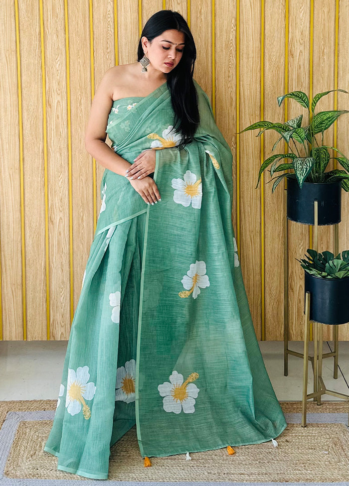 Green Linen Silk Saree With Blouse Piece