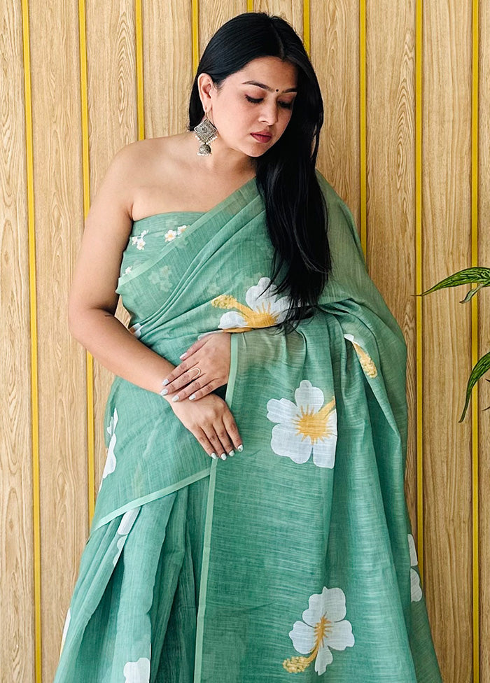 Green Linen Silk Saree With Blouse Piece