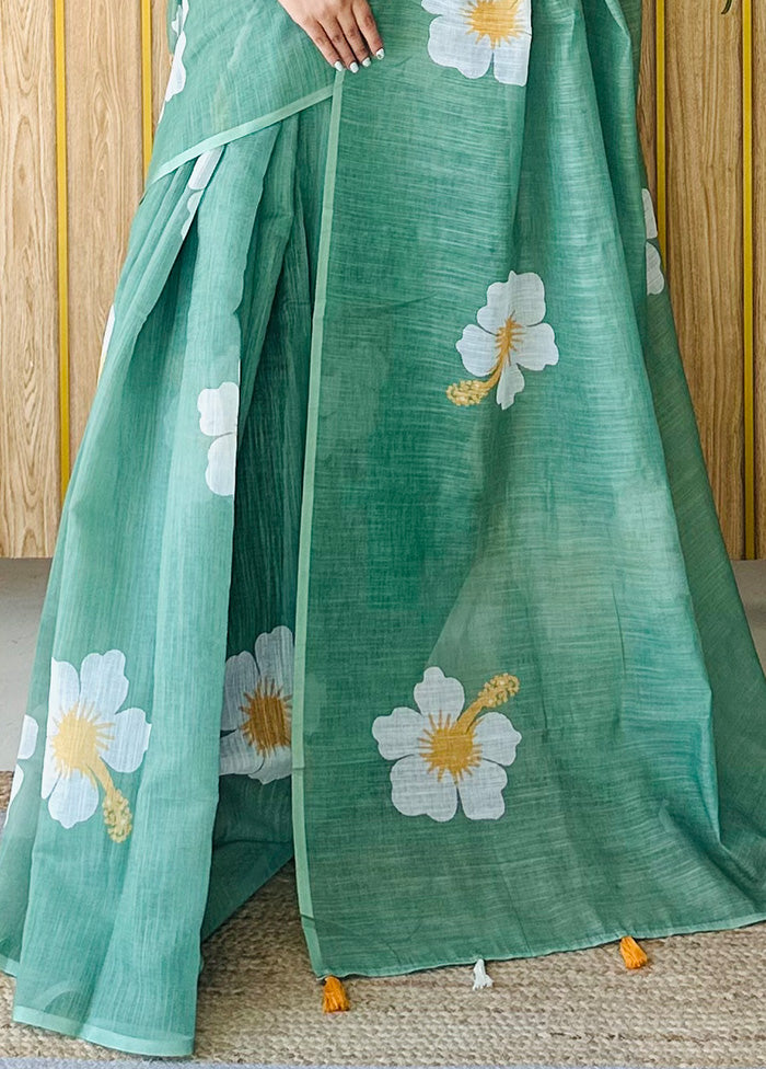 Green Linen Silk Saree With Blouse Piece