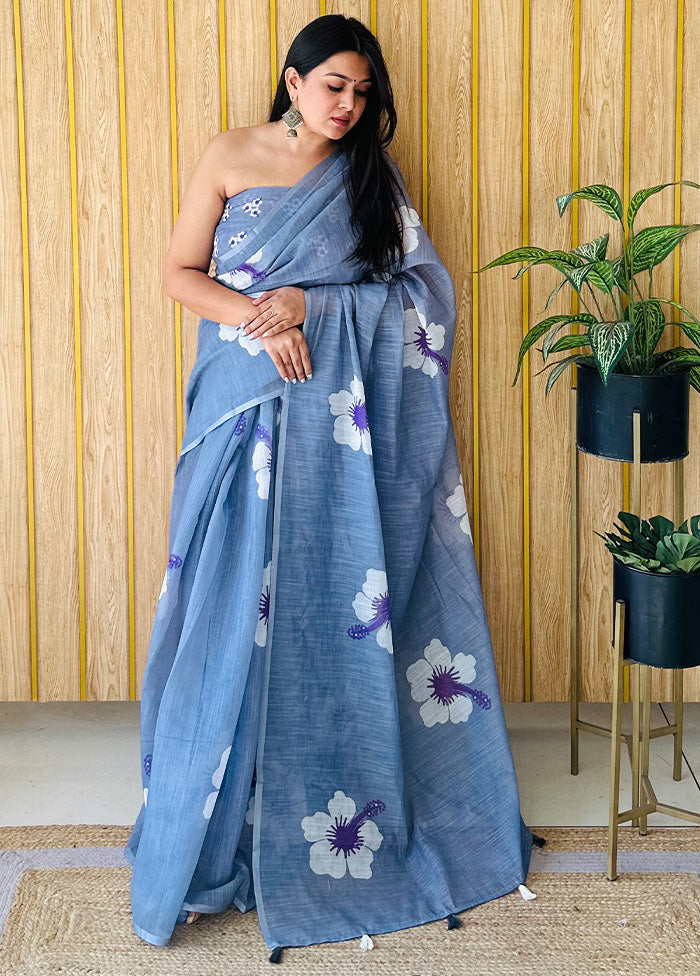 Blue Linen Silk Saree With Blouse Piece