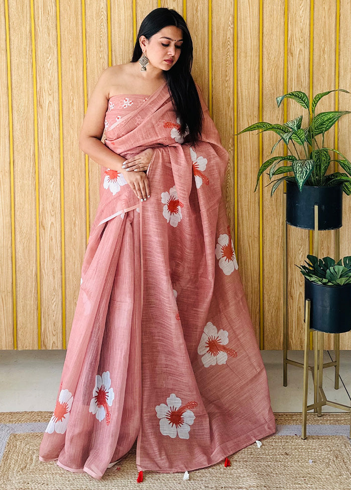 Rust Linen Silk Saree With Blouse Piece