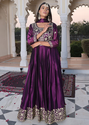 3 Pc Purple Semi Stitched Silk Suit Set