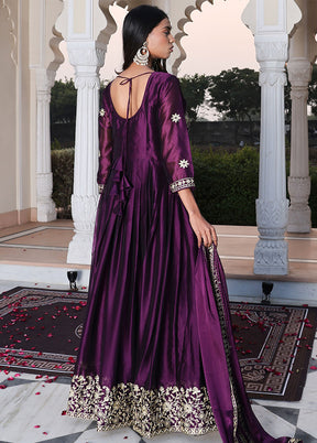 3 Pc Purple Semi Stitched Silk Suit Set