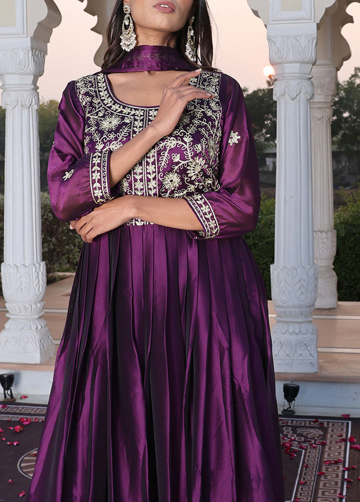 3 Pc Purple Semi Stitched Silk Suit Set