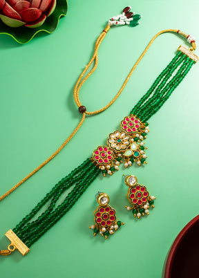 Green Brass Artificial Pearl And Kundan Work Necklace