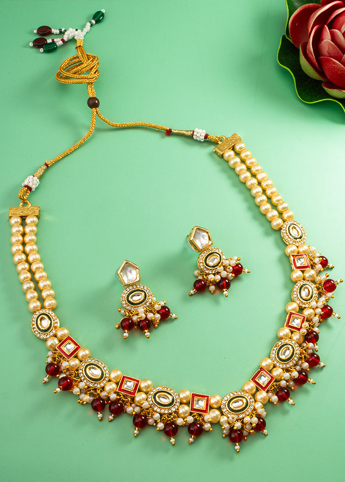 Red Brass Artificial Pearl And Kundan Work Necklace