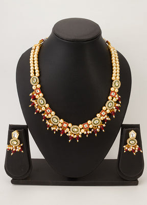 Red Brass Artificial Pearl And Kundan Work Necklace