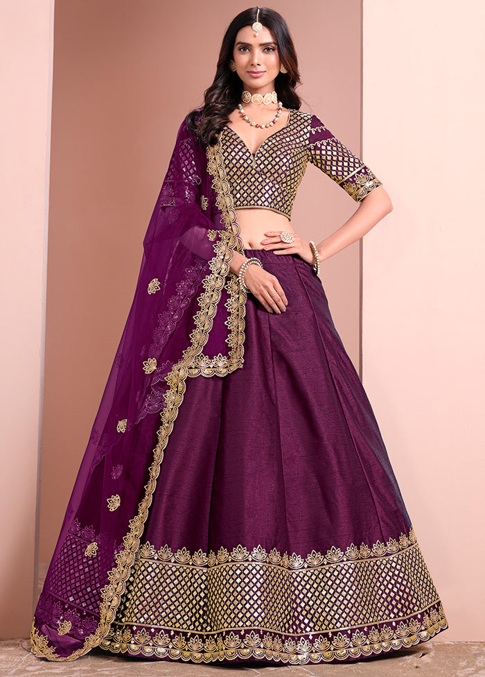 3 Pc Purple Silk Semi Stitched Lehenga Set