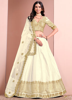 3 Pc Off White Silk Semi Stitched Lehenga Set