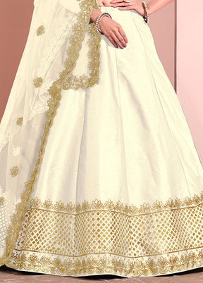 3 Pc Off White Silk Semi Stitched Lehenga Set