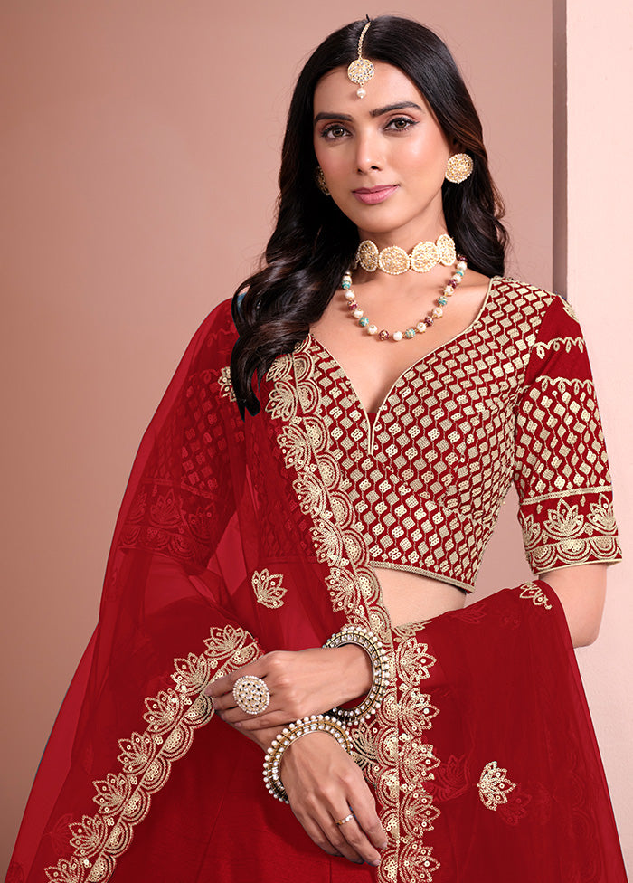 3 Pc Maroon Silk Semi Stitched Lehenga Set