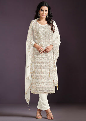 3 Pc Cream Semi Stitched Silk Suit Set