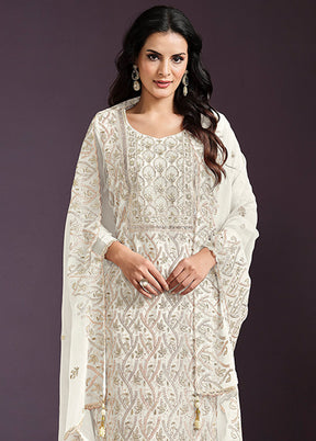 3 Pc Cream Semi Stitched Silk Suit Set