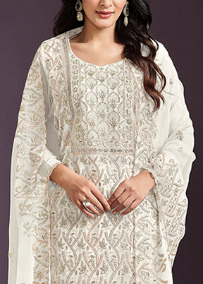 3 Pc Cream Semi Stitched Silk Suit Set