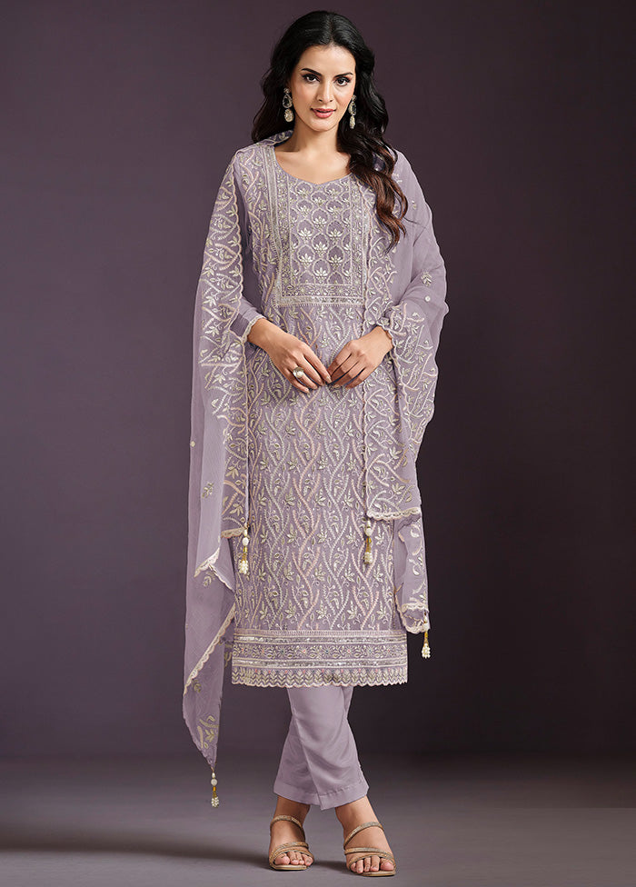 3 Pc Purple Semi Stitched Silk Suit Set