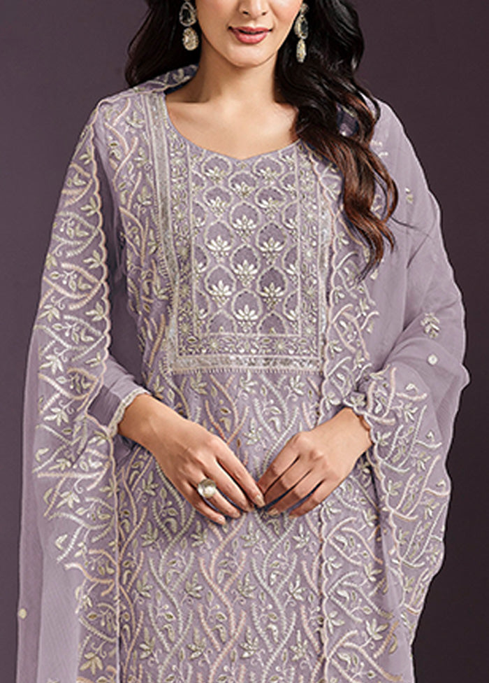 3 Pc Purple Semi Stitched Silk Suit Set