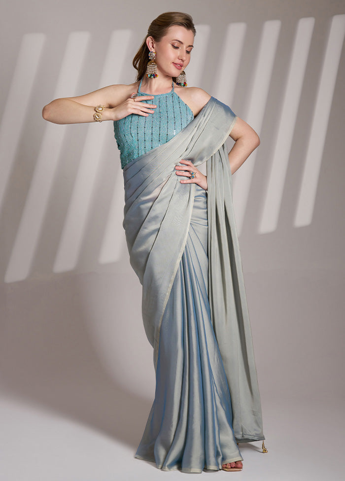 Grey Satin Silk Saree With Blouse Piece