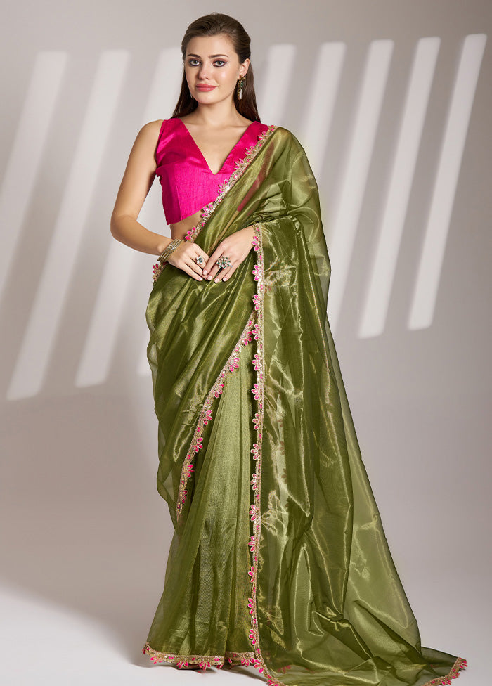 Mehendi Net Saree With Blouse Piece