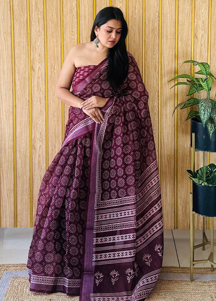 Wine Cotton Saree With Blouse Piece