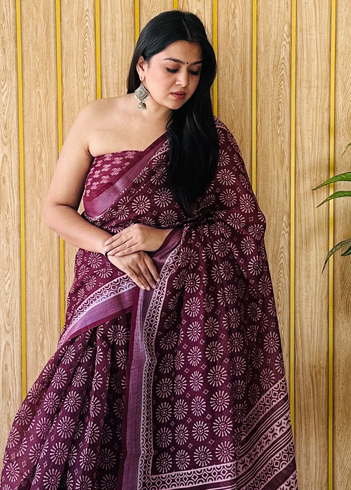 Wine Cotton Saree With Blouse Piece