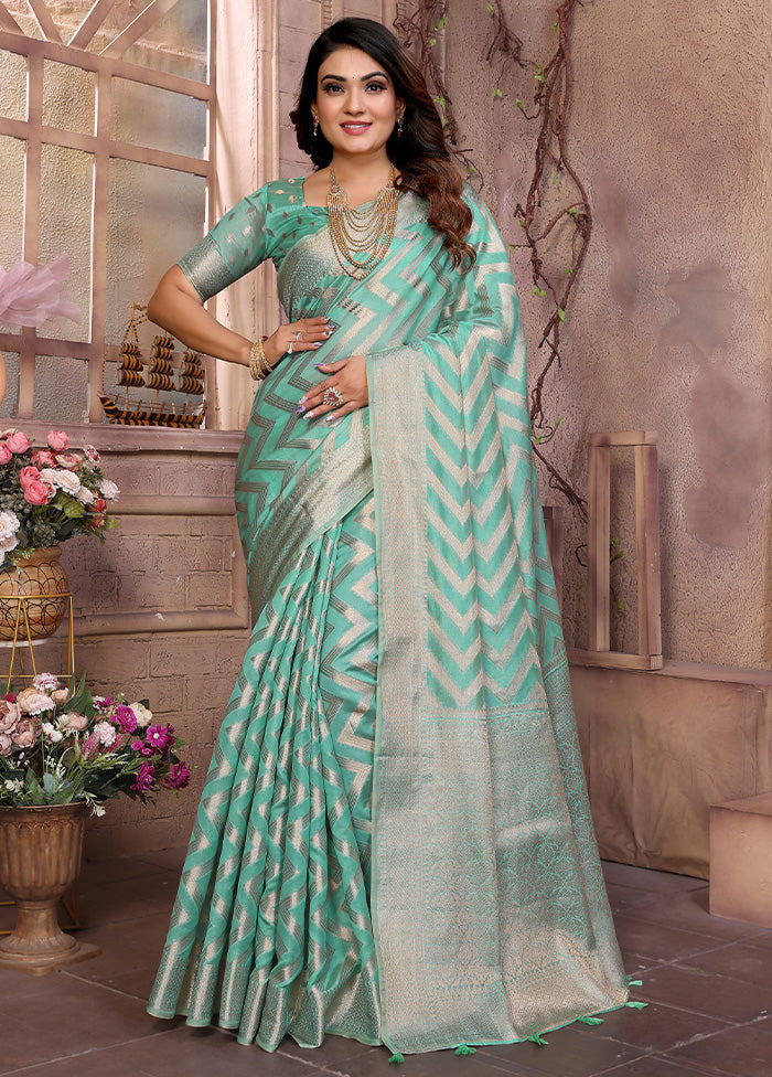 Sea Green Organza Saree With Blouse Piece