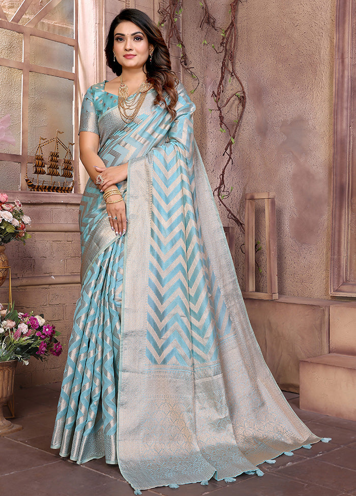 Sky Blue Organza Saree With Blouse Piece