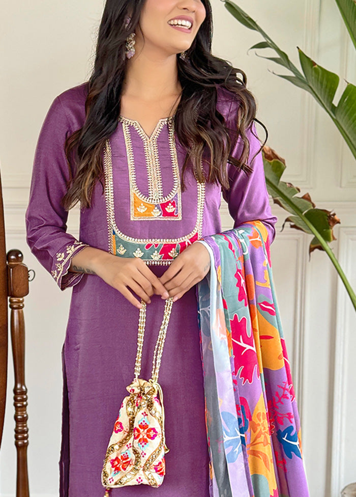 3 Pc Lavender Readymade Viscose Suit Set