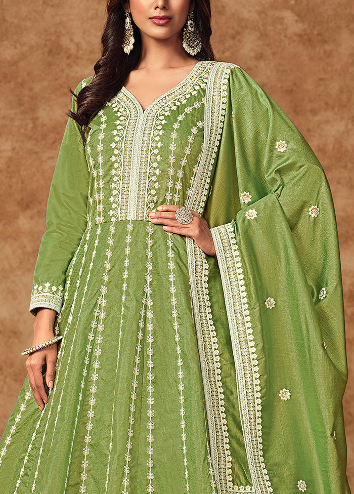 3 Pc Green Semi Stitched Silk Suit Set