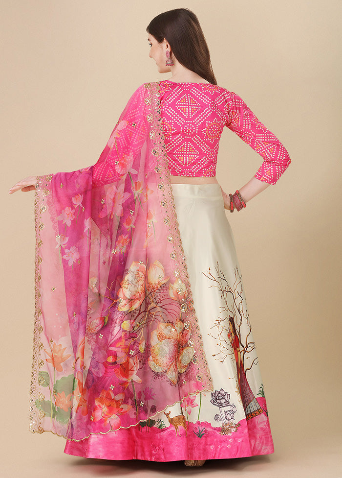 3 Pc Pink Silk Semi Stitched Lehenga Set