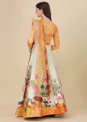 3 Pc Yellow Silk Semi Stitched Lehenga Set